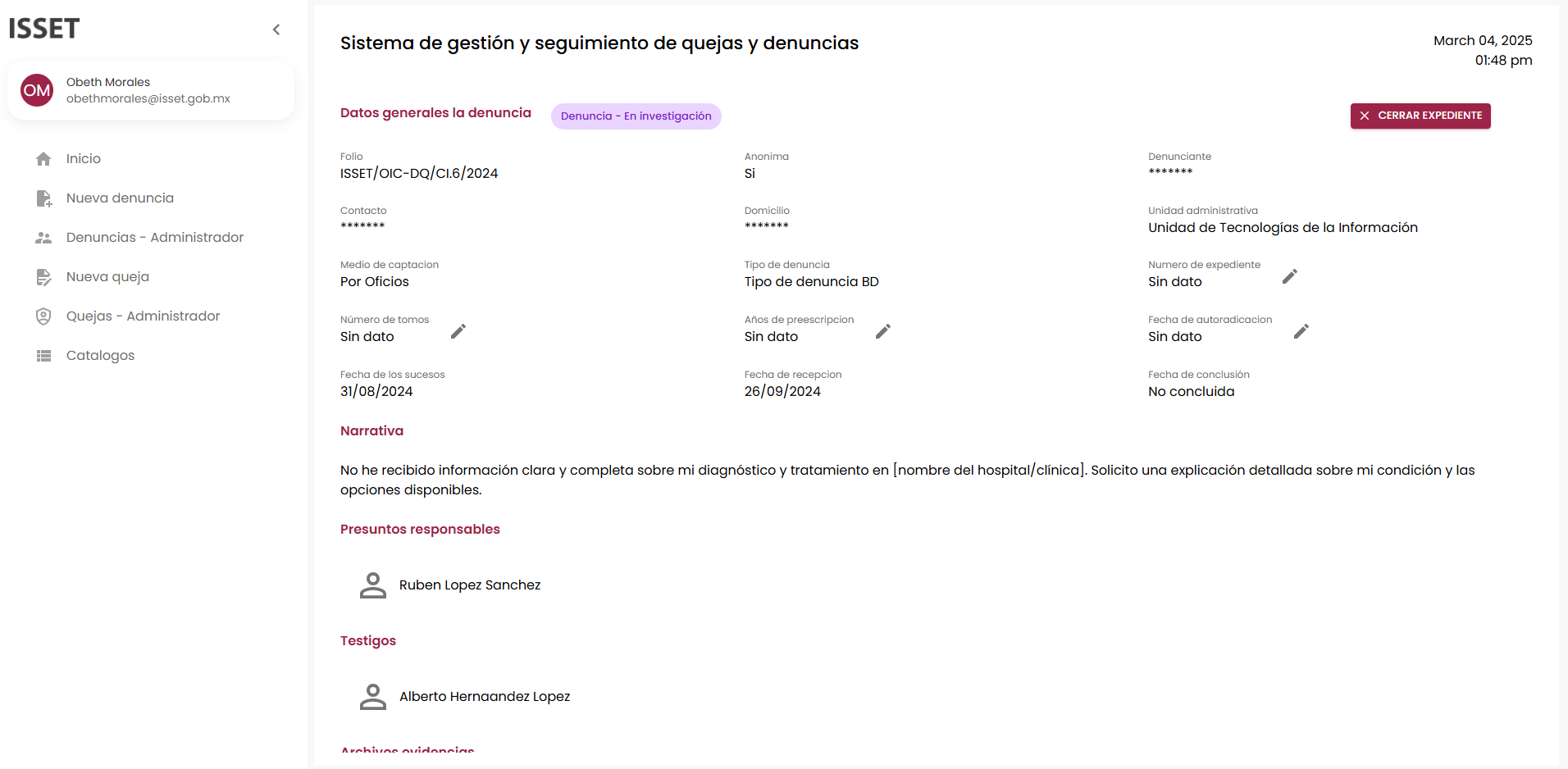 System Quejas y denuncias — screen 2